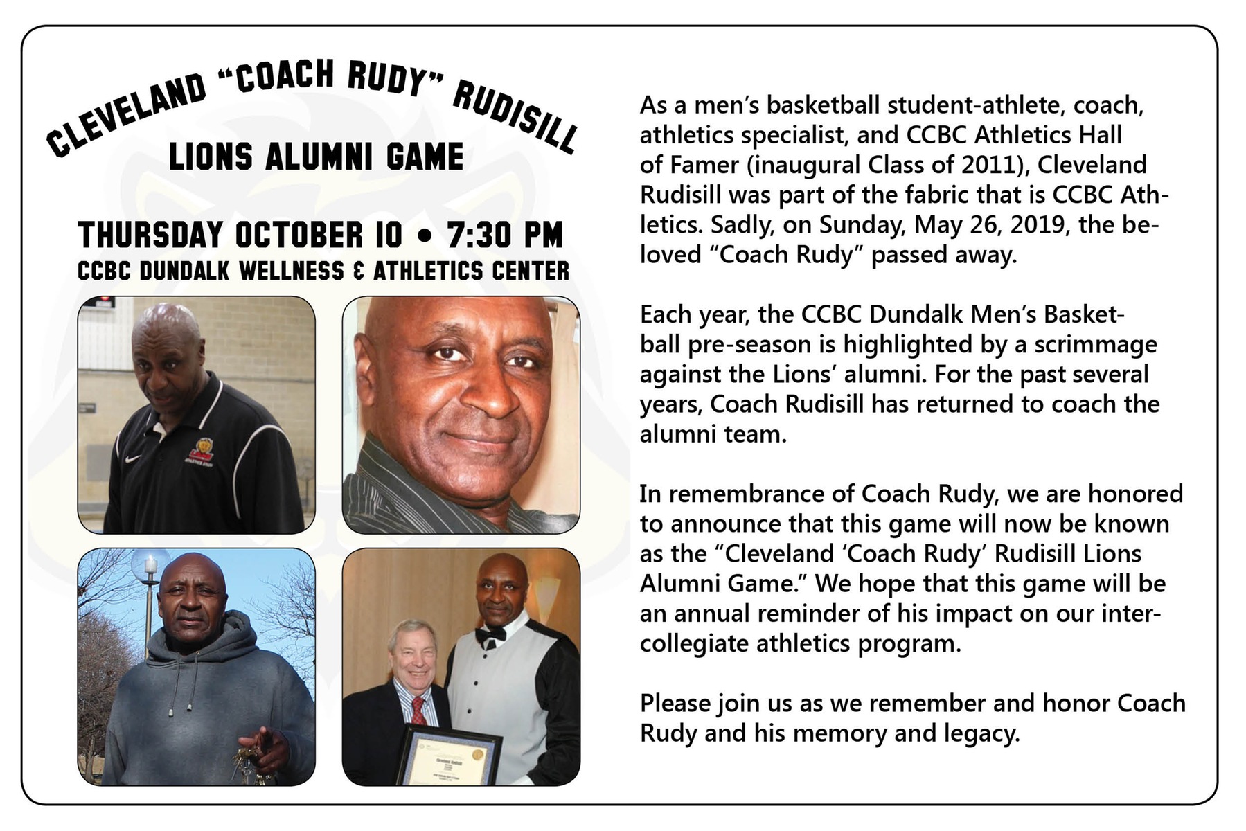"Coach Rudy" Alumni Game October 10, 7:30 PM